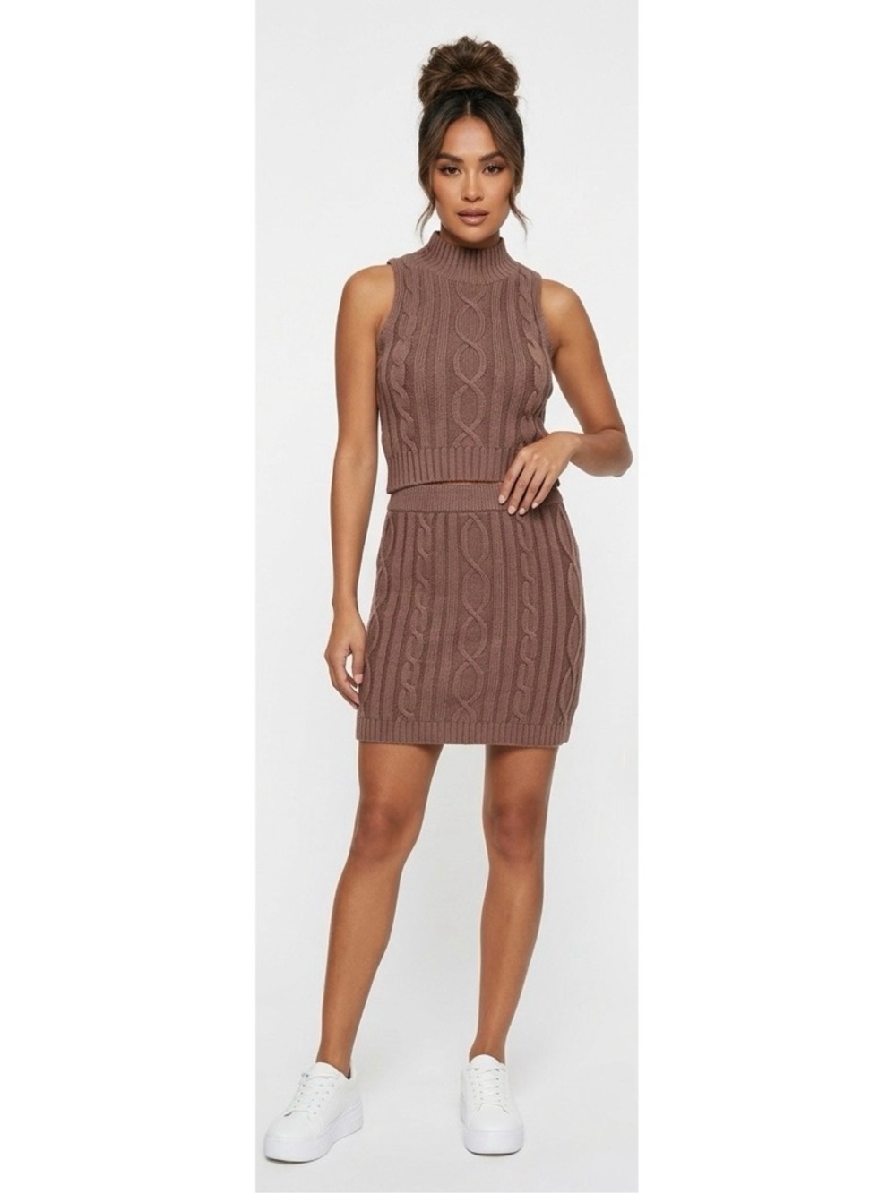 Stretchy Cable Knit mocha Brown Skirt and top set juniors size S Sincerely Jules